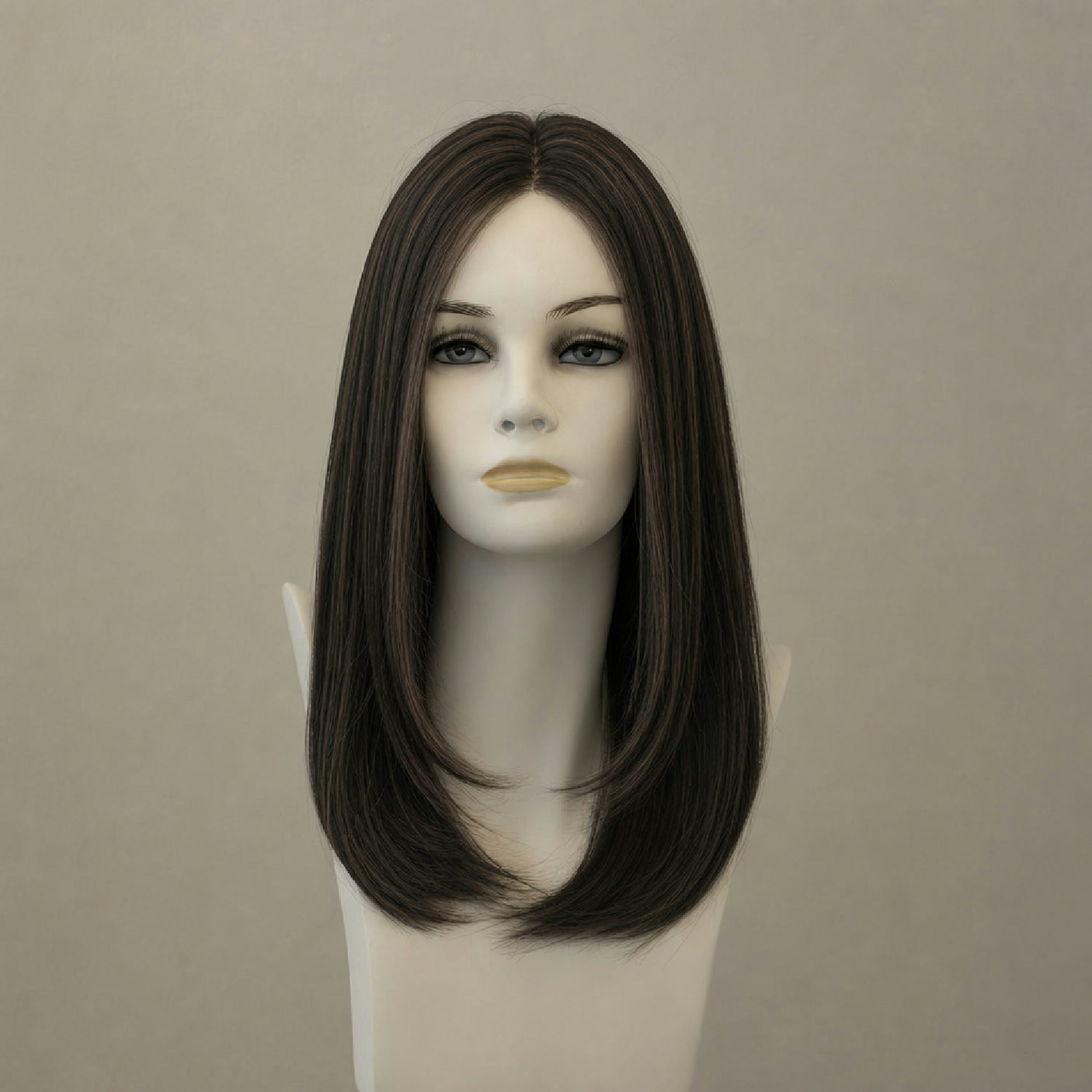 Dunkelbraune Perücke, mittellang, wellig, glänzend, Lace Front