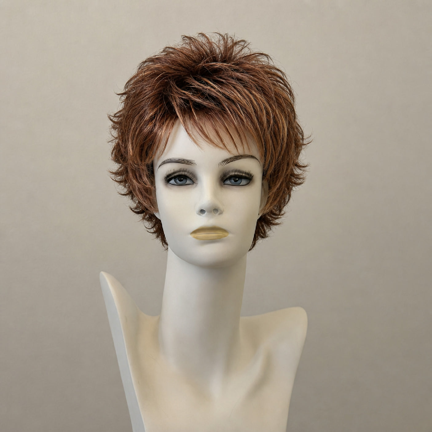 Kurze Bob-Perücke mit Wellen, braun-rot-blond meliert