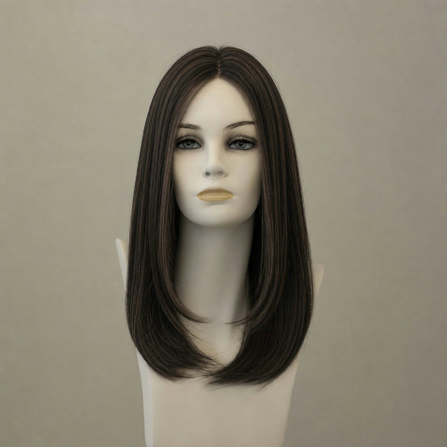 Dunkelbraune Perücke, mittellang, wellig, glänzend, Lace Front