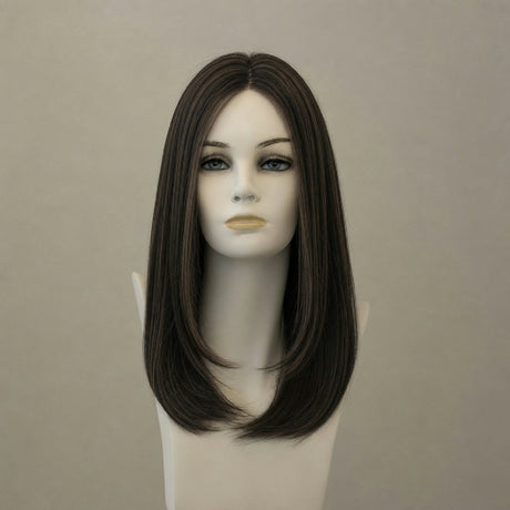Dunkelbraune Perücke, mittellang, wellig, glänzend, Lace Front