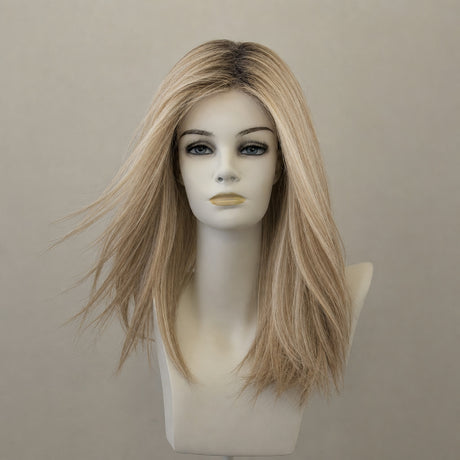 Kurze blonde Perücke mit Wurzeln, mittellang.