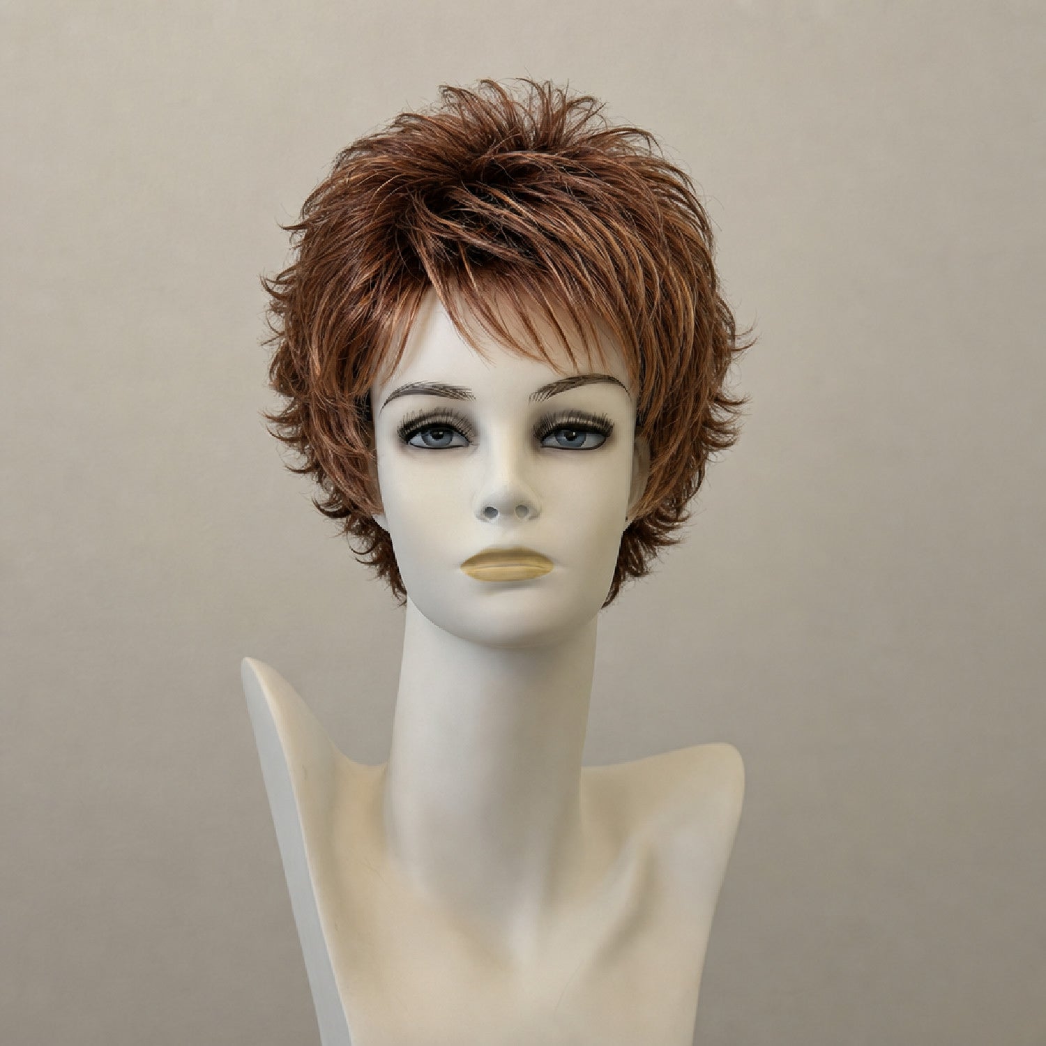 Kurze Bob-Perücke mit Wellen, braun-rot-blond meliert