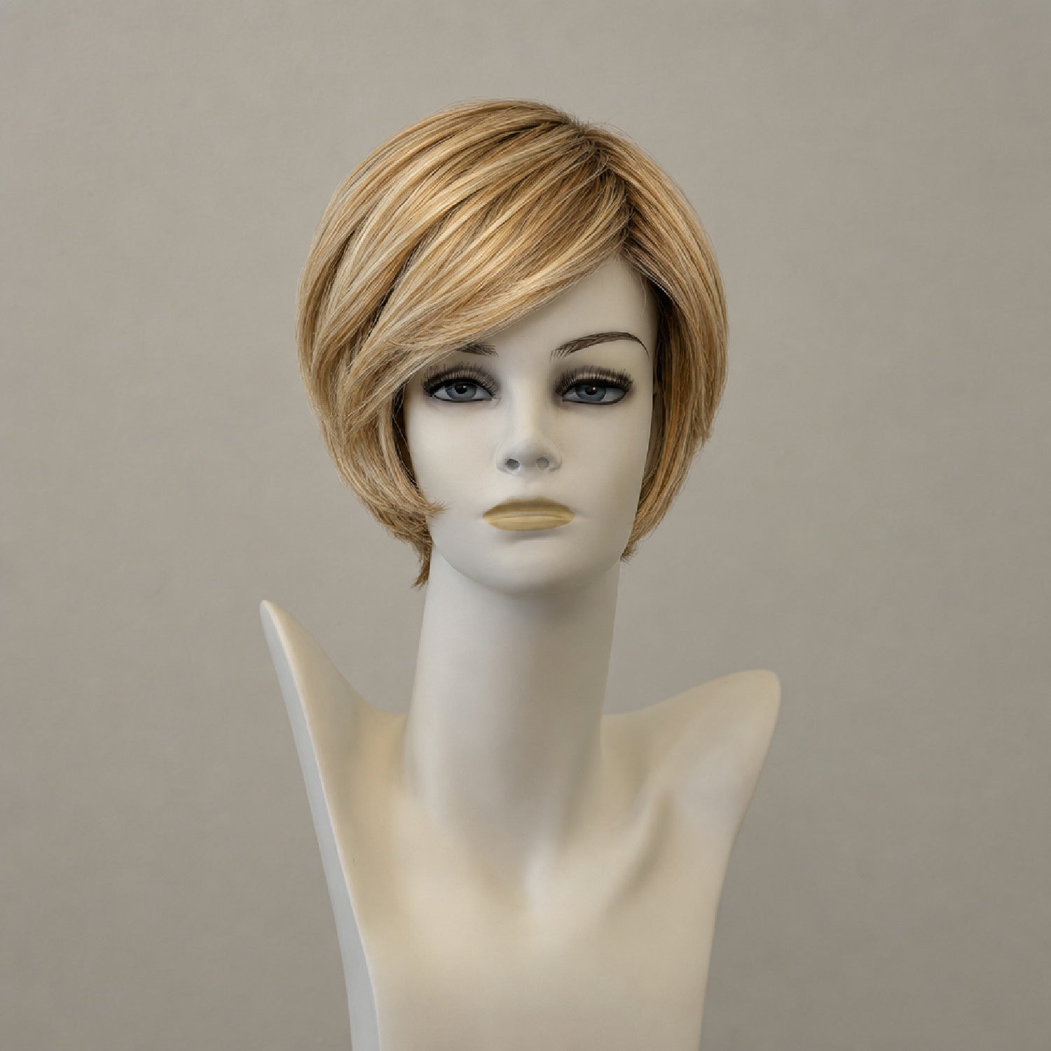 Kurze blonde Perücke mit braunen Highlights, mittellang, Lace Front