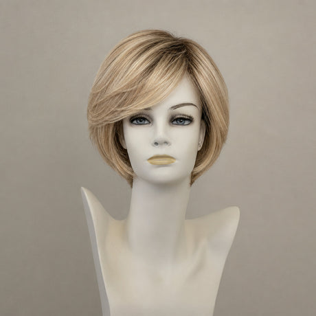 Kurze blonde Perücke mit Spitzenfront, Längenmix, natürliche Haarwelle