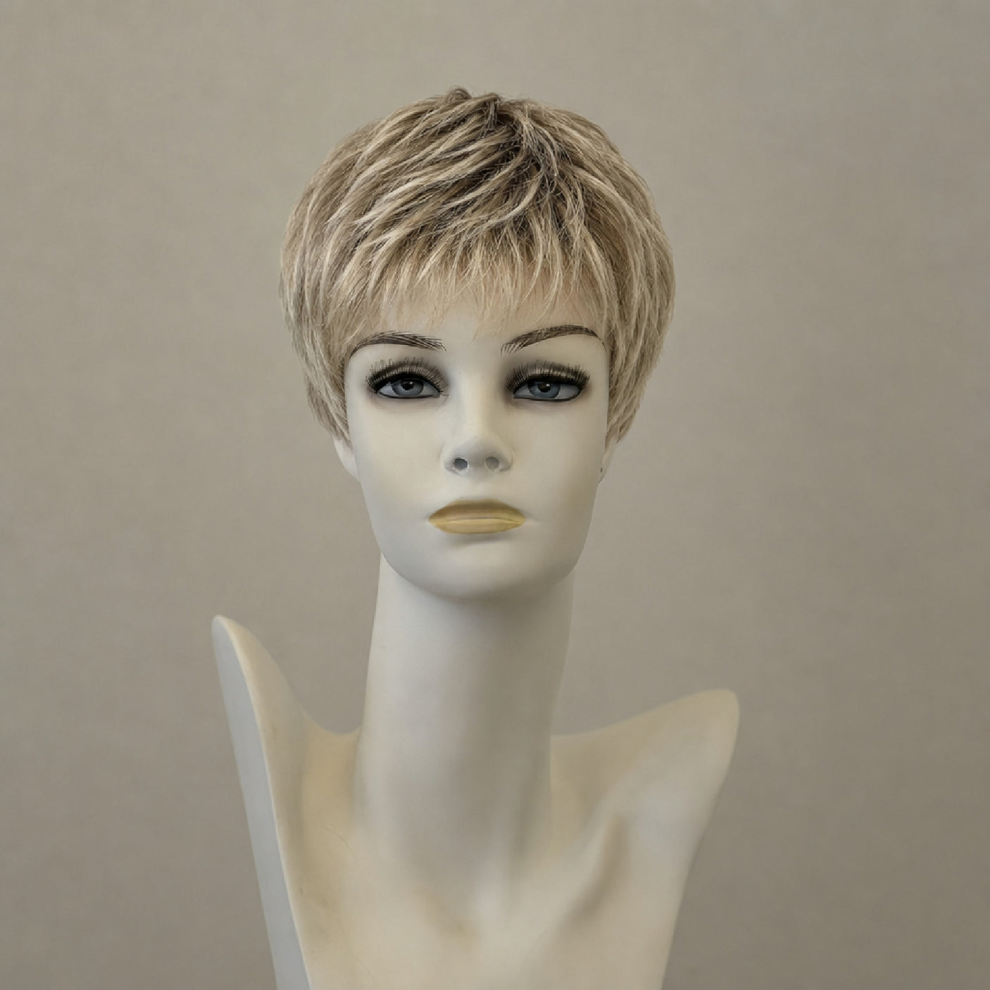 Darksand wig with dark roots in a bob style